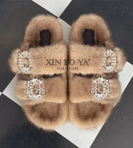 Winter Fur Slippers Women 2024 Flat Real Fur Mink Slippers Warm Soft Indoor Women Fur Slippers Luxury Designer Female Shoes