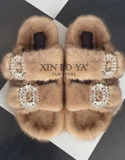 Load image into Gallery viewer, Winter Fur Slippers Women 2024 Flat Real Fur Mink Slippers Warm Soft Indoor Women Fur Slippers Luxury Designer Female Shoes
