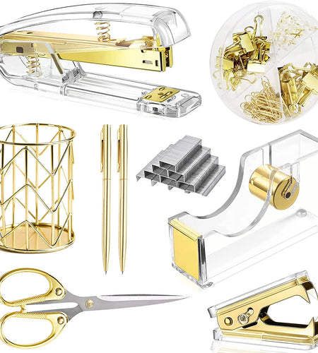 Gold Desk Accessories，Office Supplies Set Acrylic Stapler Set Staple Remover, Tape/Pen Holder, 2 Ballpoint Pen, Scissor, Binder/Paper Clips and 1000Pcs Staples.