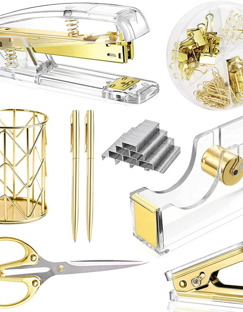 Load image into Gallery viewer, Gold Desk Accessories，Office Supplies Set Acrylic Stapler Set Staple Remover, Tape/Pen Holder, 2 Ballpoint Pen, Scissor, Binder/Paper Clips and 1000Pcs Staples.
