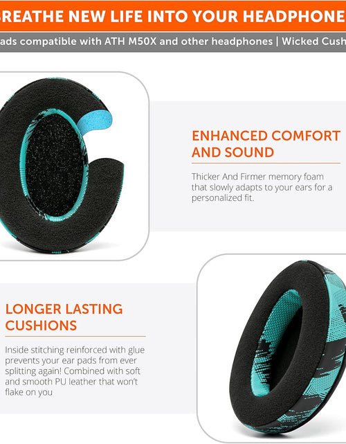 Load image into Gallery viewer, Wicked Cushions Velour Replacement Earpads for ATH M50X - Compatible with ATH M40X / M50XBT / Hyperx Cloud 1 &amp; 2 / Steelseries Arctis 3/5 / 7 / 9X &amp; Pro/Stealth 600 &amp; More (Speedracer Cyan)
