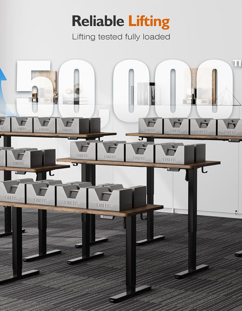 Load image into Gallery viewer, Electric Height Adjustable Standing Desk, 55X24 Inches, Ergonomic Home Office Sit/Stand up Desk with Two-Piece Desktop (Black Steel Frame/Rustic Brown Top)
