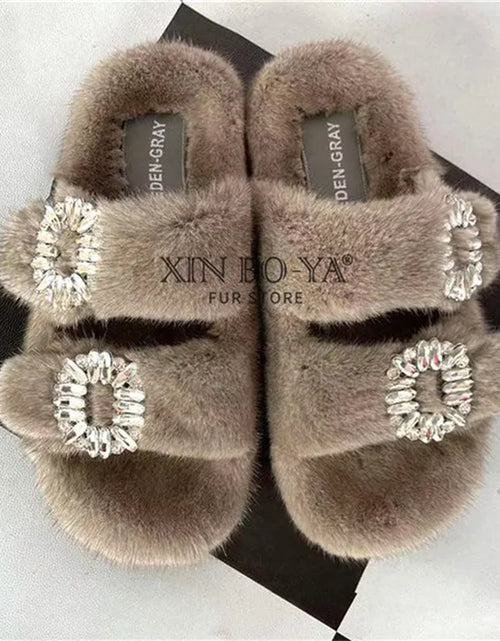 Load image into Gallery viewer, Winter Fur Slippers Women 2024 Flat Real Fur Mink Slippers Warm Soft Indoor Women Fur Slippers Luxury Designer Female Shoes
