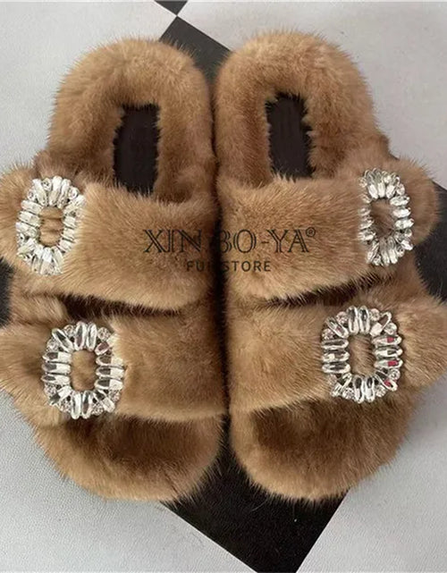 Load image into Gallery viewer, Winter Fur Slippers Women 2024 Flat Real Fur Mink Slippers Warm Soft Indoor Women Fur Slippers Luxury Designer Female Shoes
