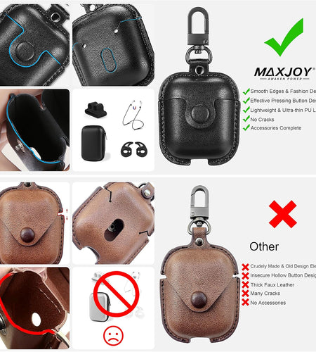 Compatible Airpods Case, Leather Airpods Cover 5 in 1 Protective Case with Keychain/Ear Hooks/Airpods Strap/Watch Band Holder/Earpods Case Compatible with Apple Airpods 2 1 Charging Case, Black