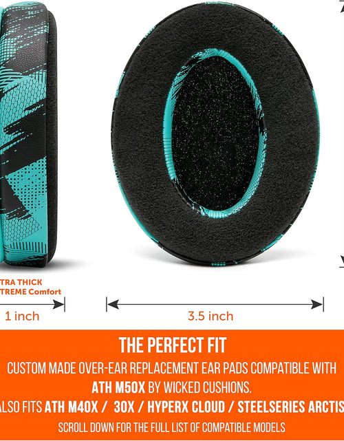 Load image into Gallery viewer, Wicked Cushions Velour Replacement Earpads for ATH M50X - Compatible with ATH M40X / M50XBT / Hyperx Cloud 1 &amp; 2 / Steelseries Arctis 3/5 / 7 / 9X &amp; Pro/Stealth 600 &amp; More (Speedracer Cyan)

