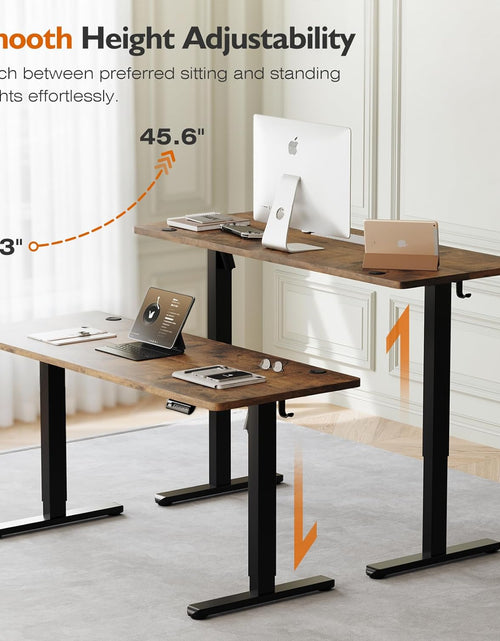 Load image into Gallery viewer, Electric Height Adjustable Standing Desk, 55X24 Inches, Ergonomic Home Office Sit/Stand up Desk with Two-Piece Desktop (Black Steel Frame/Rustic Brown Top)
