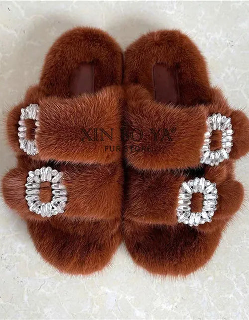 Load image into Gallery viewer, Winter Fur Slippers Women 2024 Flat Real Fur Mink Slippers Warm Soft Indoor Women Fur Slippers Luxury Designer Female Shoes
