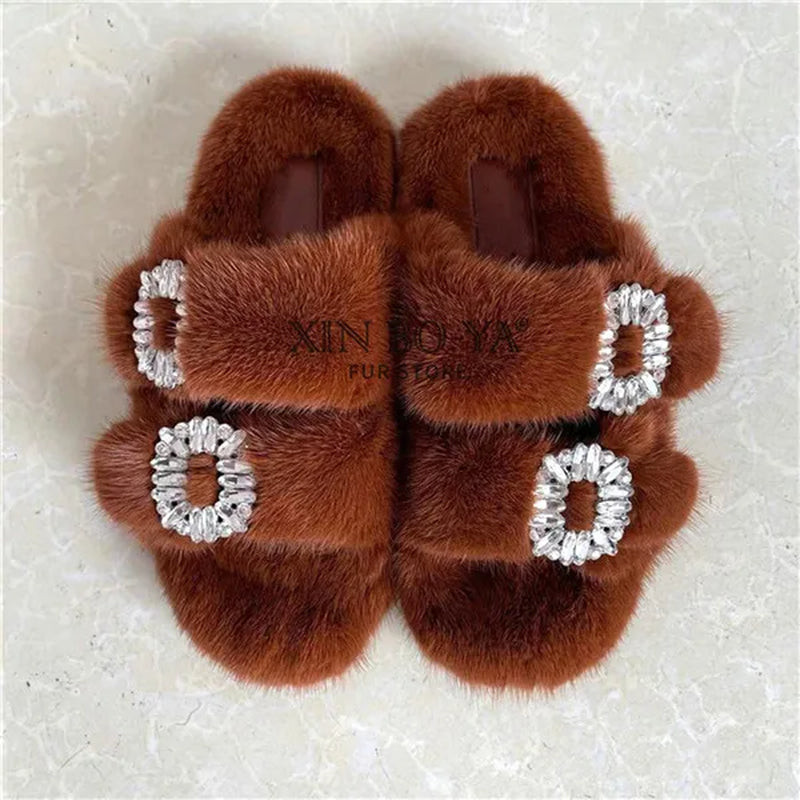 Winter Fur Slippers Women 2024 Flat Real Fur Mink Slippers Warm Soft Indoor Women Fur Slippers Luxury Designer Female Shoes