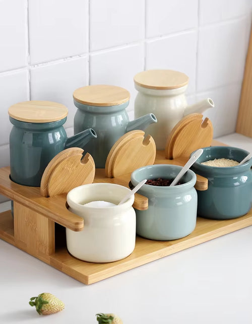 Load image into Gallery viewer, Ceramic Spice Rack Salt Shaker and Pepper Shaker Oil Bottle Set Kitchen Household Supplies for Spices Storage Jar with Cover
