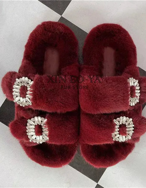 Load image into Gallery viewer, Winter Fur Slippers Women 2024 Flat Real Fur Mink Slippers Warm Soft Indoor Women Fur Slippers Luxury Designer Female Shoes

