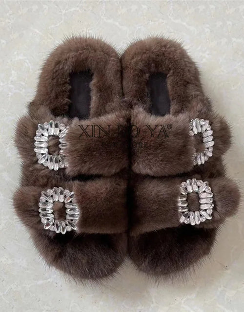 Load image into Gallery viewer, Winter Fur Slippers Women 2024 Flat Real Fur Mink Slippers Warm Soft Indoor Women Fur Slippers Luxury Designer Female Shoes
