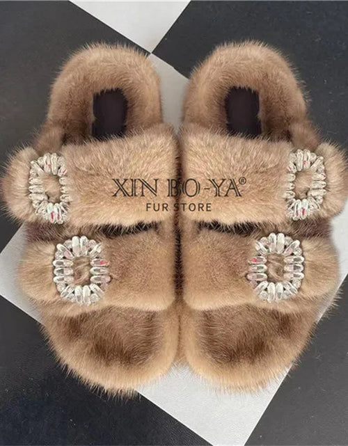 Load image into Gallery viewer, Winter Fur Slippers Women 2024 Flat Real Fur Mink Slippers Warm Soft Indoor Women Fur Slippers Luxury Designer Female Shoes

