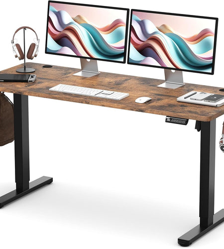 Electric Height Adjustable Standing Desk, 55X24 Inches, Ergonomic Home Office Sit/Stand up Desk with Two-Piece Desktop (Black Steel Frame/Rustic Brown Top)