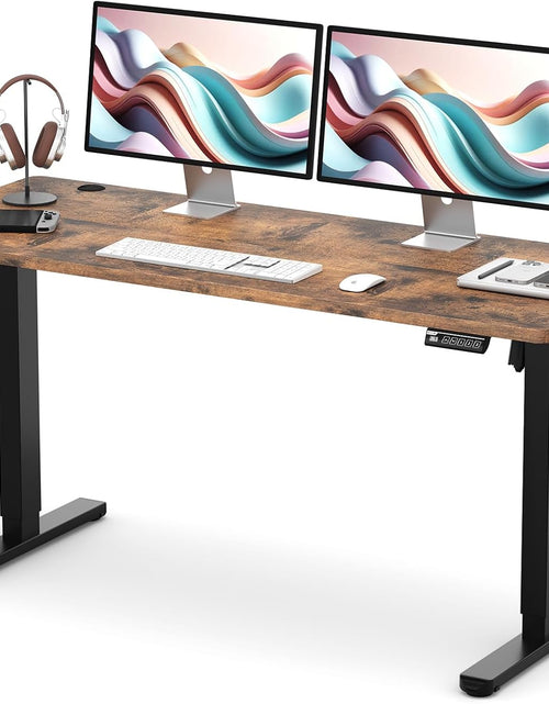 Load image into Gallery viewer, Electric Height Adjustable Standing Desk, 55X24 Inches, Ergonomic Home Office Sit/Stand up Desk with Two-Piece Desktop (Black Steel Frame/Rustic Brown Top)
