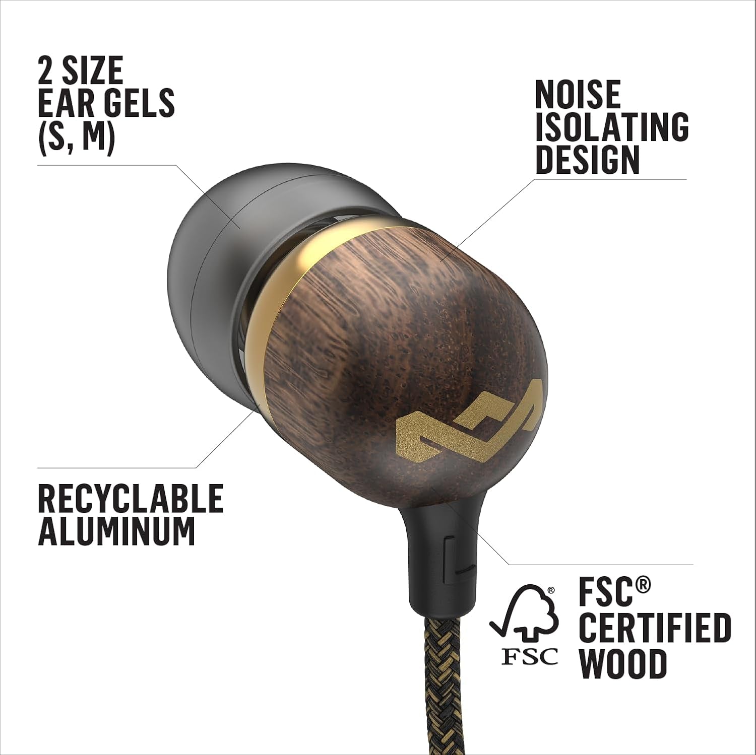 Smile Jamaica Wired: Wired Earphones with Microphone, Noise Isolating Design, and Sustainable Materials, Brass