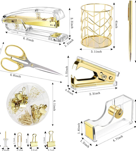 Gold Desk Accessories，Office Supplies Set Acrylic Stapler Set Staple Remover, Tape/Pen Holder, 2 Ballpoint Pen, Scissor, Binder/Paper Clips and 1000Pcs Staples.